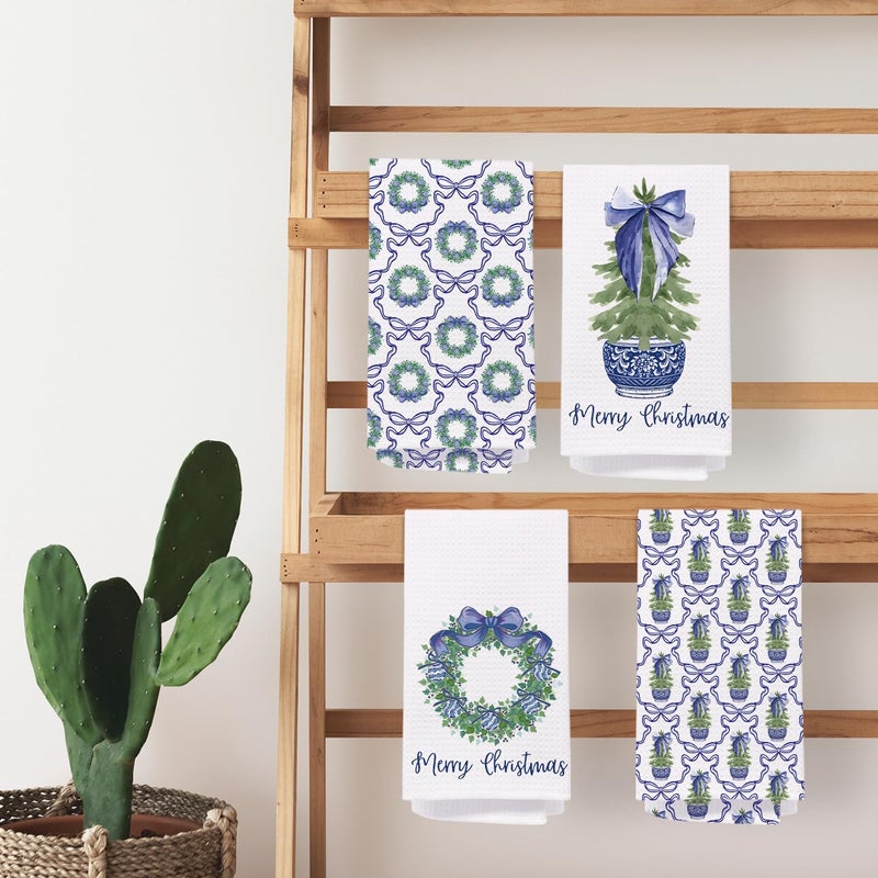 SPBL&L Chinoiserie Christmas Kitchen Towels,Blue Bow Coquette Christmas Tree Dish Towels for Kitchen Bathroom, Blue Christmas Hand Towels for Kitchen,Grandmillennial Decor,16x24 Inches Set of 4 - Image 4